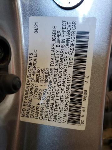 19XFC1F35ME011727 - 2021 HONDA CIVIC EX SILVER photo 12