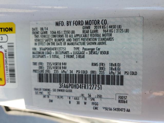 3FA6P0HD4FR127751 - 2015 FORD FUSION SE WHITE photo 12