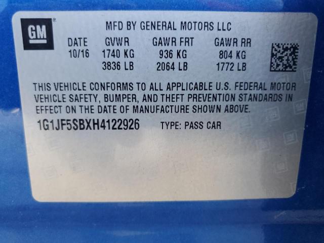 1G1JF5SBXH4122926 - 2017 CHEVROLET SONIC PREMIER BLUE photo 12