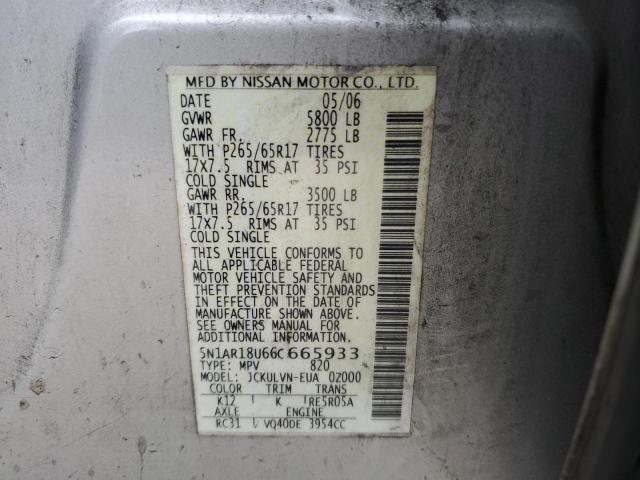 5N1AR18U66C665933 - 2006 NISSAN PATHFINDER LE SILVER photo 14