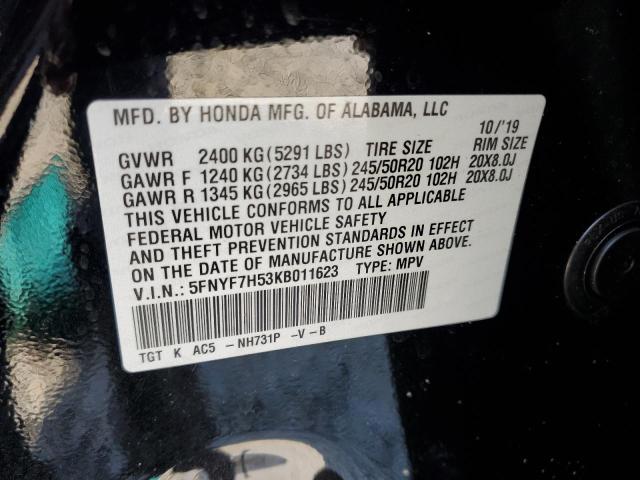 5FNYF7H53KB011623 - 2019 HONDA PASSPORT EXL BLACK photo 12