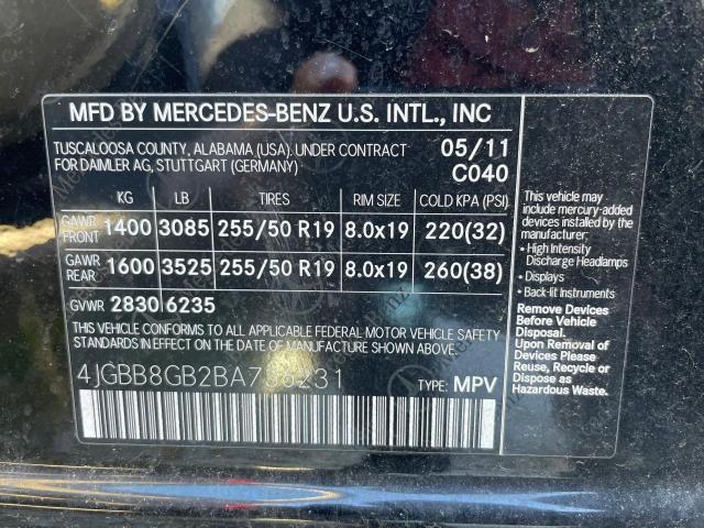 4JGBB8GB2BA736231 - 2011 MERCEDES-BENZ ML 350 4MATIC BLACK photo 10