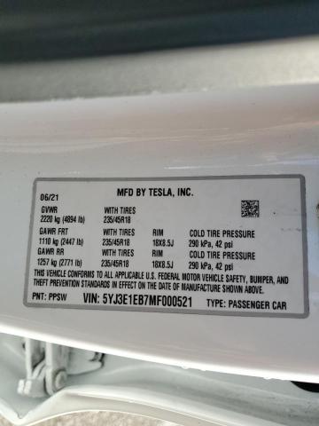 5YJ3E1EB7MF000521 - 2021 TESLA MODEL 3 WHITE photo 12