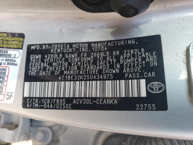 4T1BE32K25U434975 - 2005 TOYOTA CAMRY LE SILVER photo 12