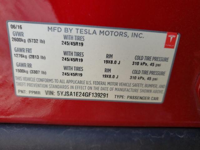 5YJSA1E24GF139291 - 2016 TESLA MODEL S RED photo 12