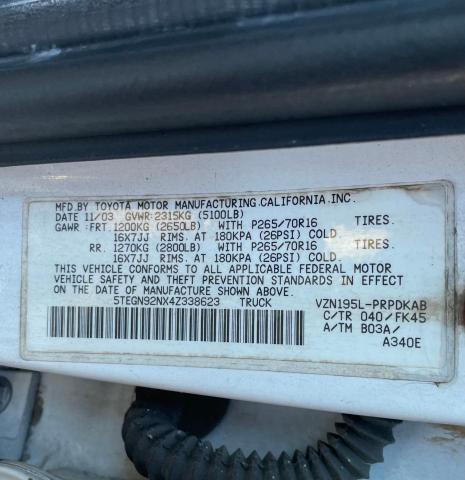 5TEGN92NX4Z338623 - 2004 TOYOTA TACOMA DOUBLE CAB PRERUNNER WHITE photo 10