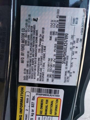 3FA6P0HDXLR247890 - 2020 FORD FUSION SE BLACK photo 12