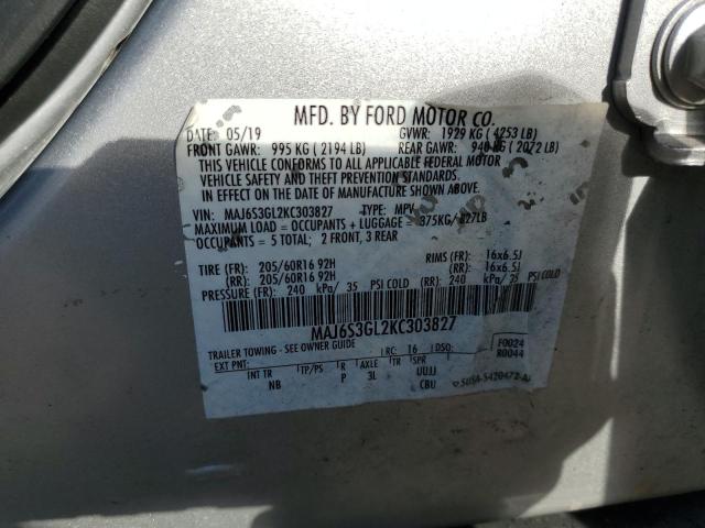 MAJ6S3GL2KC303827 - 2019 FORD ECOSPORT SE SILVER photo 12