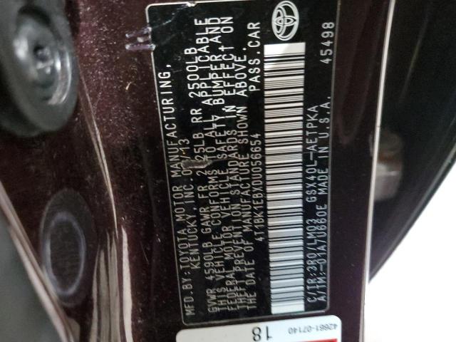 4T1BK1EBXDU056654 - 2013 TOYOTA AVALON BASE 勃艮第红 照片 12