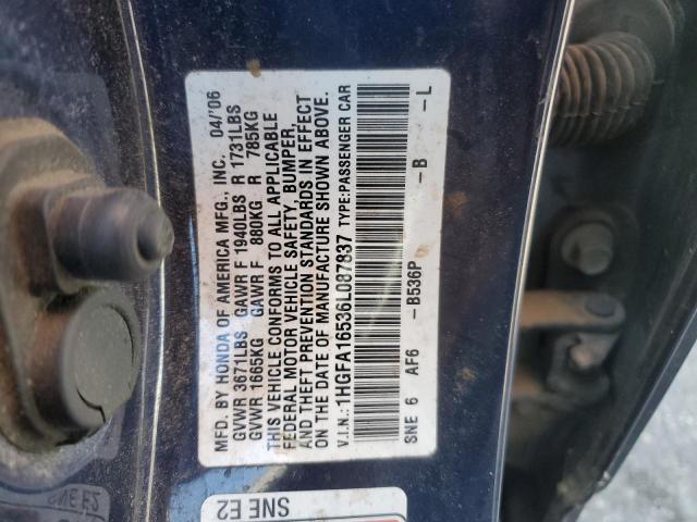 1HGFA16536L087837 - 2006 HONDA CIVIC LX BLUE photo 13