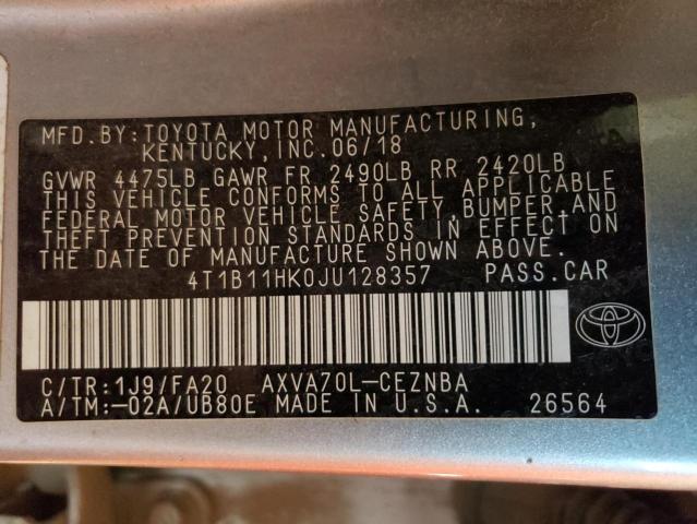 4T1B11HK0JU128357 - 2018 TOYOTA CAMRY L SILVER photo 12