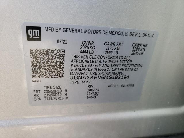 3GNAXKEV6MS182194 - 2021 CHEVROLET EQUINOX LT SILVER photo 13