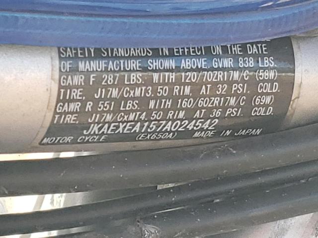 JKAEXEA157A024542 - 2007 KAWASAKI EX650 A BLUE photo 10