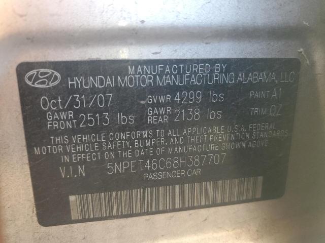 5NPET46C68H387707 - 2008 HYUNDAI SONATA GLS SILVER photo 12