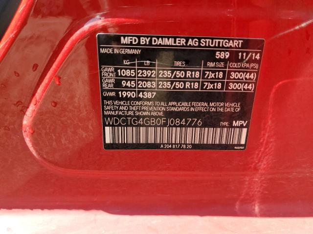 WDCTG4GB0FJ084776 - 2015 MERCEDES-BENZ GLA 250 4MATIC RED photo 12