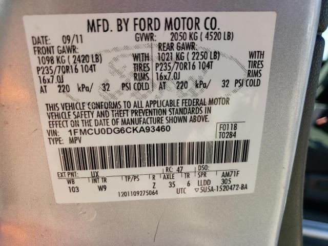 1FMCU0DG6CKA93460 - 2012 FORD ESCAPE XLT SILVER photo 14