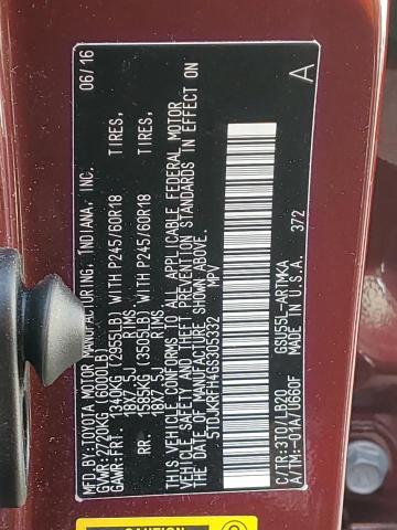 5TDJKRFH4GS305332 - 2016 TOYOTA HIGHLANDER XLE BURGUNDY photo 12