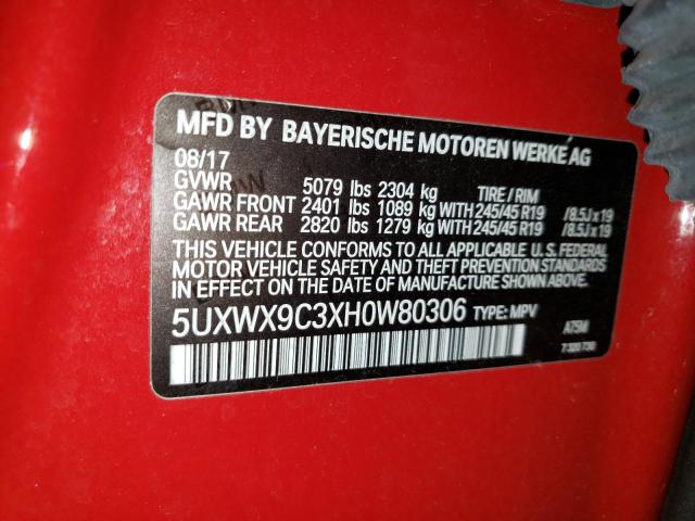 5UXWX9C3XH0W80306 - 2017 BMW X3 XDRIVE28I RED photo 12