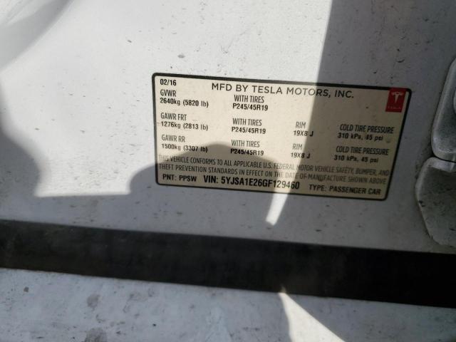 5YJSA1E26GF129460 - 2016 TESLA MODEL S WHITE photo 12