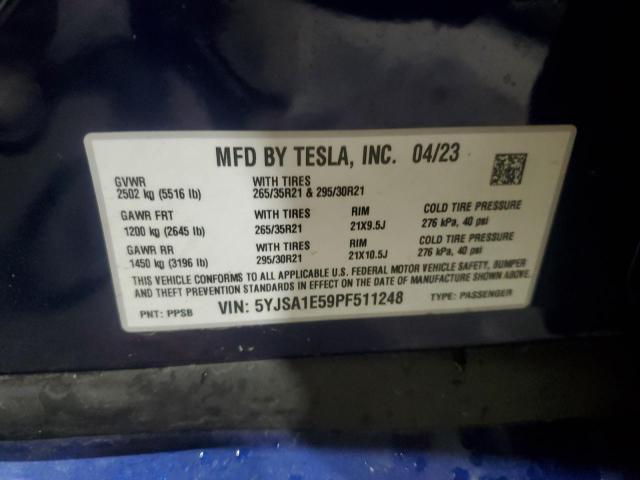 5YJSA1E59PF511248 - 2023 TESLA MODEL S ლურჯი ფოტო 12