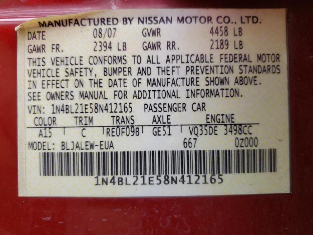 1N4BL21E58N412165 - 2008 NISSAN ALTIMA 3.5SE BURGUNDY photo 12