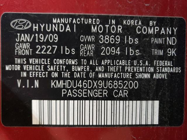 KMHDU46DX9U685200 - 2009 HYUNDAI ELANTRA GLS RED photo 12