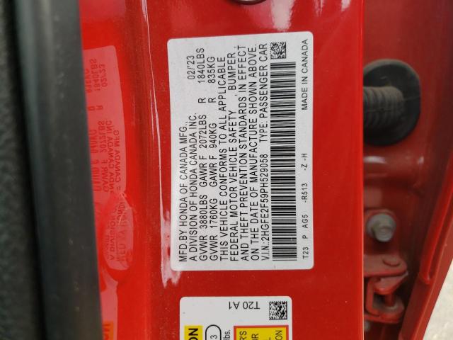 2HGFE2F59PH529058 - 2023 HONDA CIVIC SPORT წითელი ფოტო 12