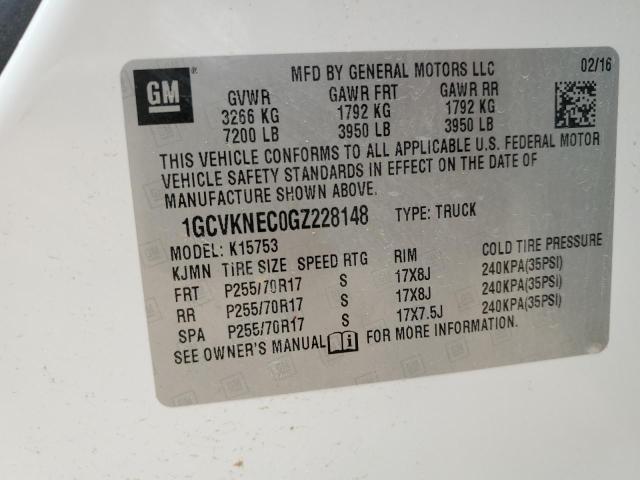 1GCVKNEC0GZ228148 - 2016 CHEVROLET SILVERADO K1500 WHITE photo 12