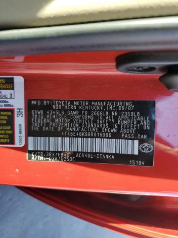 4T4BE46K98R016066 - 2008 TOYOTA CAMRY CE RED photo 12