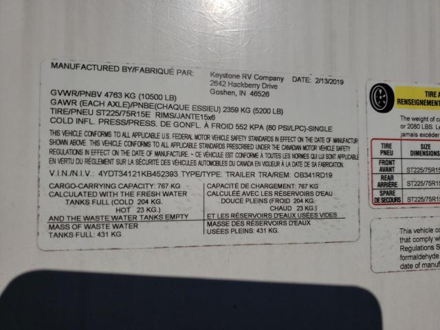 4YDT34121KB452393 - 2019 KEYSTONE OUTBACK WHITE photo 10