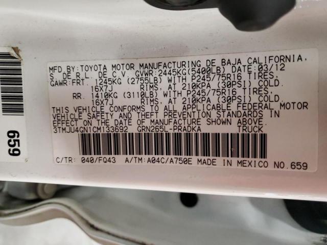 3TMJU4GN1CM133692 - 2012 TOYOTA TACOMA DOUBLE CAB PRERUNNER WHITE photo 12