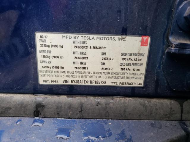 5YJSA1E41HF185728 - 2017 TESLA MODEL S ლურჯი ფოტო 12