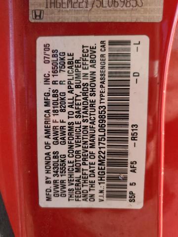 1HGEM22175L069853 - 2005 HONDA CIVIC DX VP Rot Foto 12