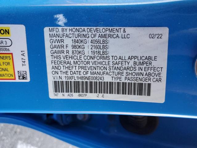 19XFL1H89NE008243 - 2022 HONDA CIVIC SPORT TOURING BLUE photo 13