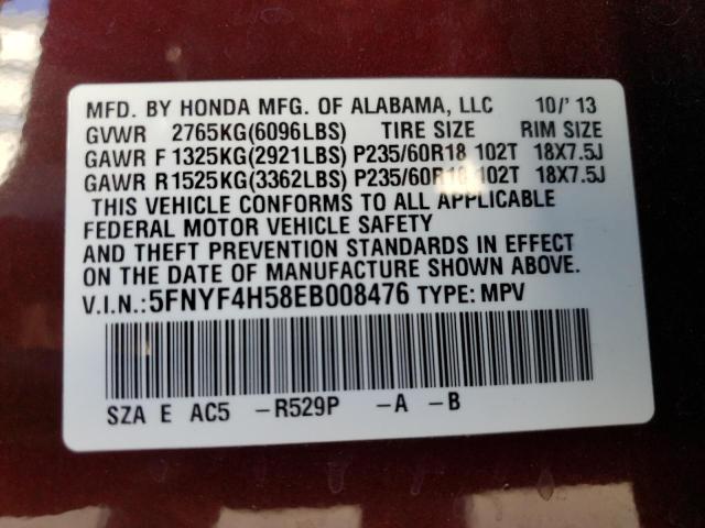 5FNYF4H58EB008476 - 2014 HONDA PILOT EXL MAROON photo 13