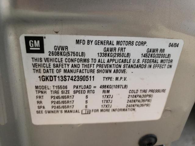 1GKDT13S742390511 - 2004 GMC ENVOY SILVER photo 14