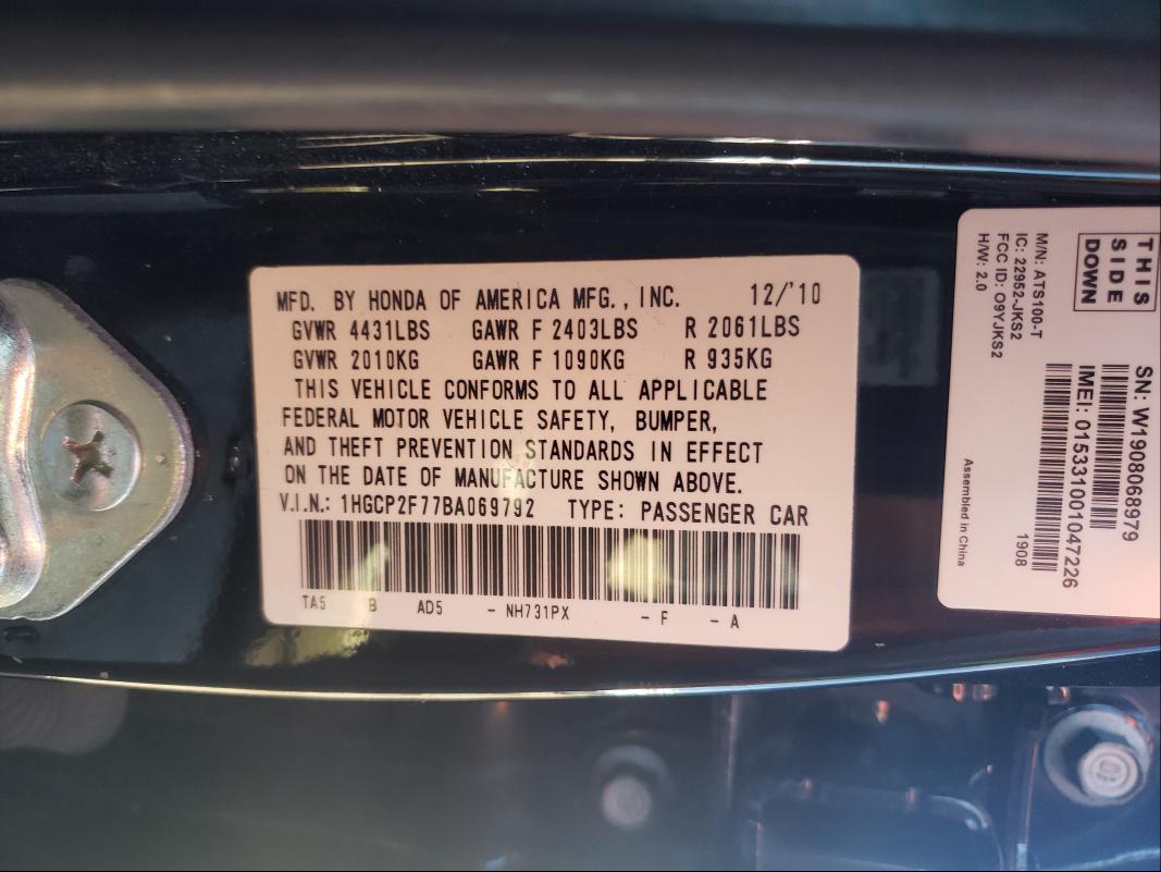 1HGCP2F77BA069792 - 2011 HONDA ACCORD EX BLACK photo 10