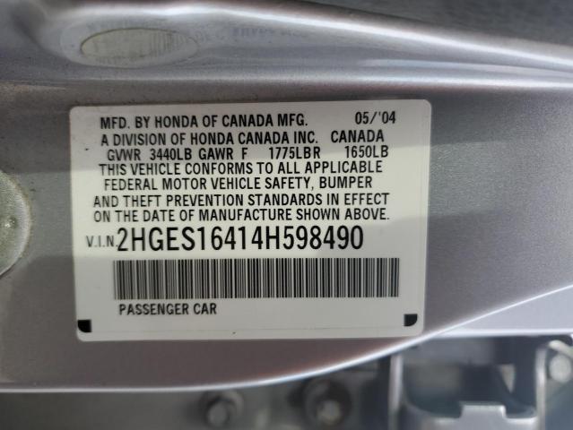 2HGES16414H598490 - 2004 HONDA CIVIC DX SILVER photo 12