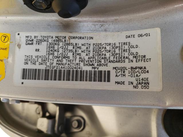 JTEGF21A410024041 - 2001 TOYOTA HIGHLANDER SILVER photo 13