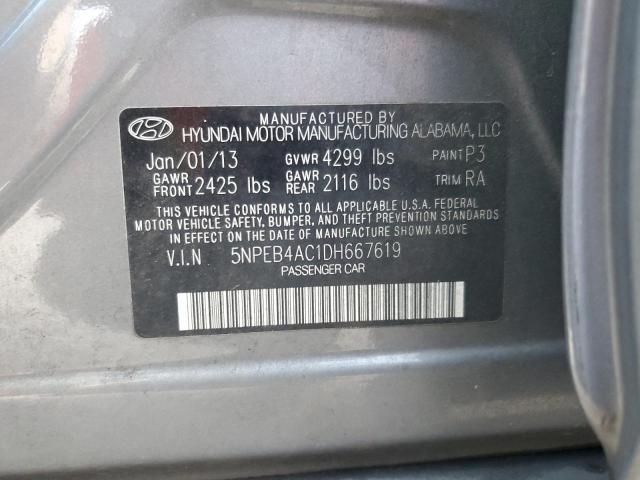 5NPEB4AC1DH667619 - 2013 HYUNDAI SONATA GLS GRAY photo 12