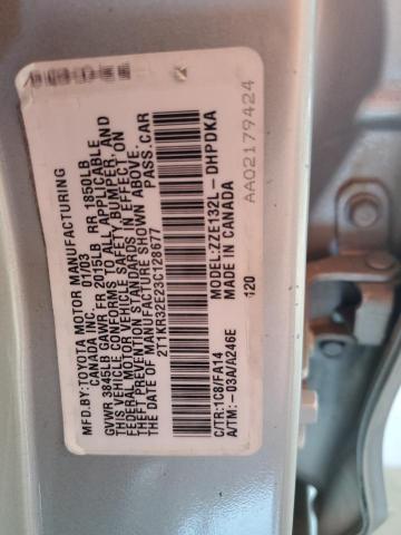 2T1KR32E23C128677 - 2003 TOYOTA COROLLA MA XR SILVER photo 12