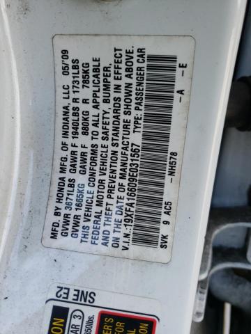 19XFA16609E031567 - 2009 HONDA CIVIC LX-S أبيض صورة 12