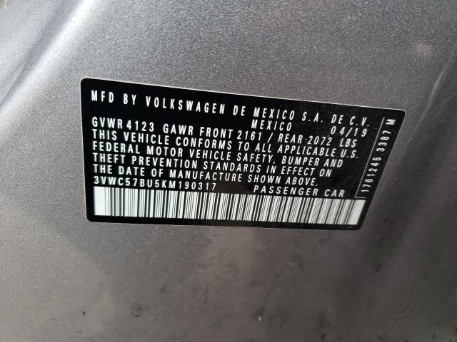 3VWC57BU5KM190317 - 2019 VOLKSWAGEN JETTA S SILVER photo 12