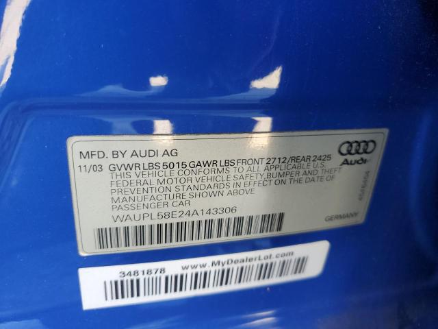 WAUPL58E24A143306 - 2004 AUDI S4 BLUE photo 12