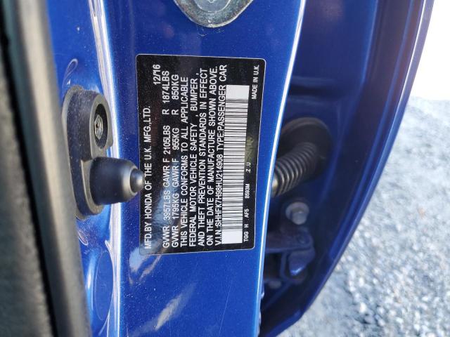 SHHFK7H98HU214908 - 2017 HONDA CIVIC SPORT TOURING BLUE photo 12
