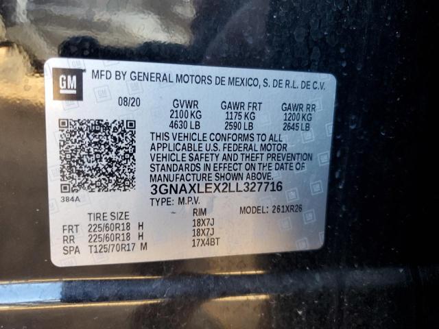 3GNAXLEX2LL327716 - 2020 CHEVROLET EQUINOX LT BLACK photo 12