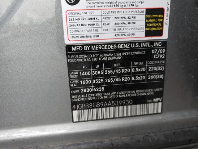 4JGBB8GB9AA539930 - 2010 MERCEDES-BENZ ML 350 4MATIC SILVER photo 12