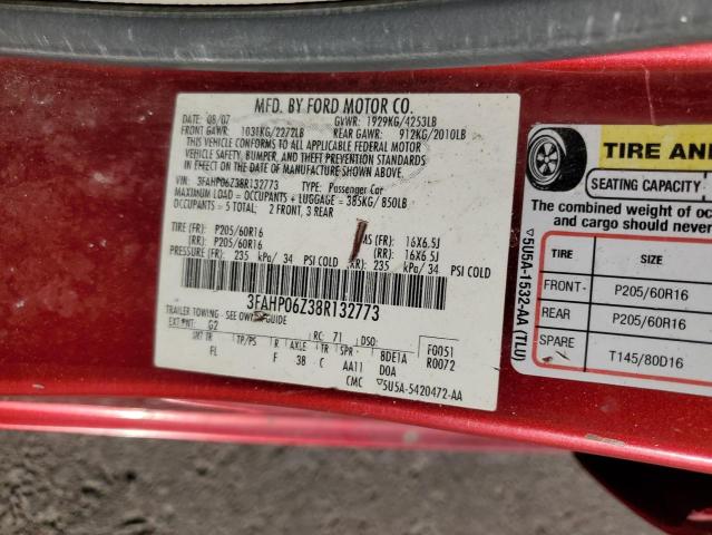 3FAHP06Z38R132773 - 2008 FORD FUSION S RED photo 12