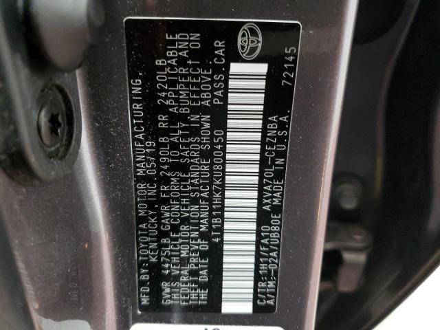 4T1B11HK7KU800450 - 2019 TOYOTA CAMRY L GRAY photo 12