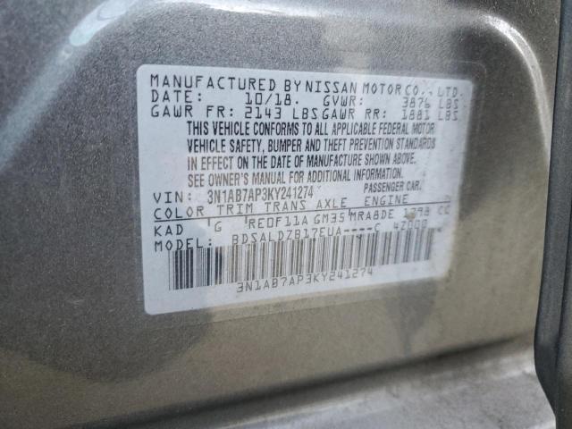 3N1AB7AP3KY241274 - 2019 NISSAN SENTRA S GRAY photo 12